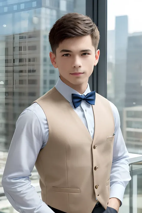 1boy, matured male, taper haircut, vest, bow, photo, realistic, best quality, hires, detailed face, office, buildings from window, detailed background, diffused sunlight, depth of field, bokeh