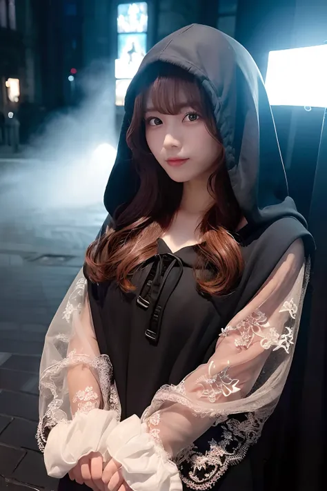 Cute hooded hooded grim reaper shrouded in dark mist,Wielding a scythe,Emerge from the swirling shadows.,Emerge from the swirling shadows.Stand in the Cemetery of Forgotten Souls.(light brown and red striped hair,:1.3,),Perfect face,Proper body proportion,...