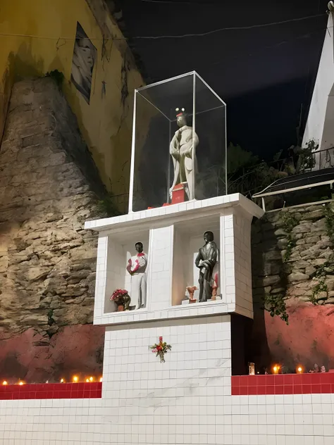 There are two statues of people in a glass box on one wall, Porque Sepulto, exibido em um altar, photo taken at night, bem decorado, Directed by: Daniel Lieske, artista desconhecido, altar sacrificial, Directed by: Matteo Pérez, Sanctuary, taken in the nig...