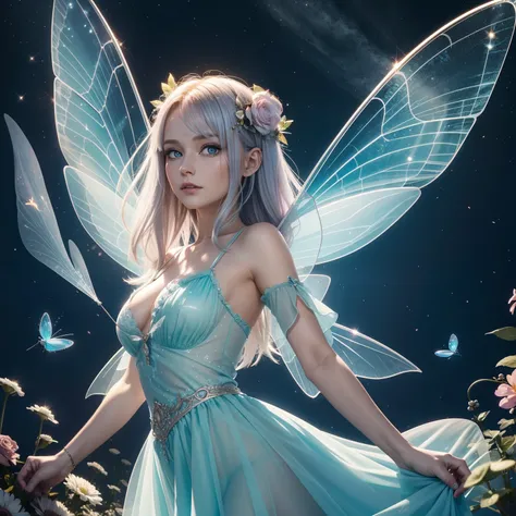 Eine Frau 28 Jahre, sie ist eine Fee, it has bright translucent fairy wings, sie fliegt, sie fliegt durch den Himmel, fee ist eine erwachsene Frau, (frontal), sieht betrachter an,