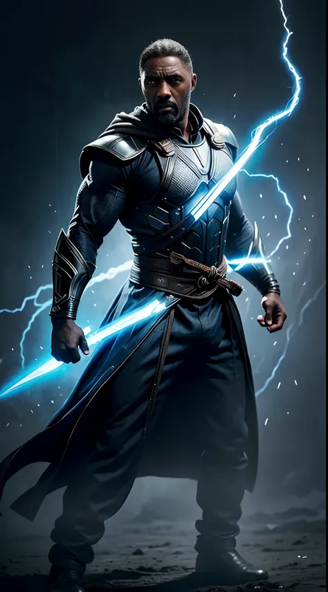 actor ((idris elba)) as raiden, mortal kombat, wears white robe, a vietnamese hat, glowing blue eyes, wields staff, god of thund...