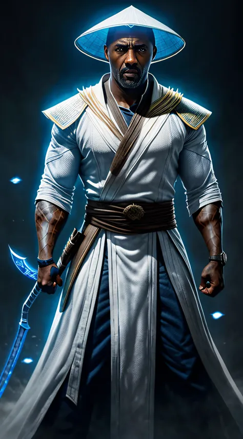 actor ((idris elba)) as raiden, mortal kombat, wears white robe, a vietnamese hat, glowing blue eyes, wields staff, god of thund...