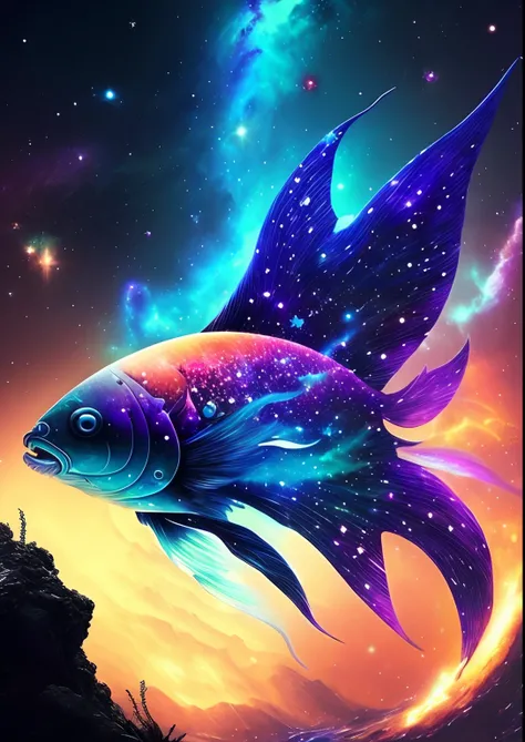 dreamlikeart, galaxy, outer space, nebula, star, [cyberpunked] Koi from the stars (star:1.5),