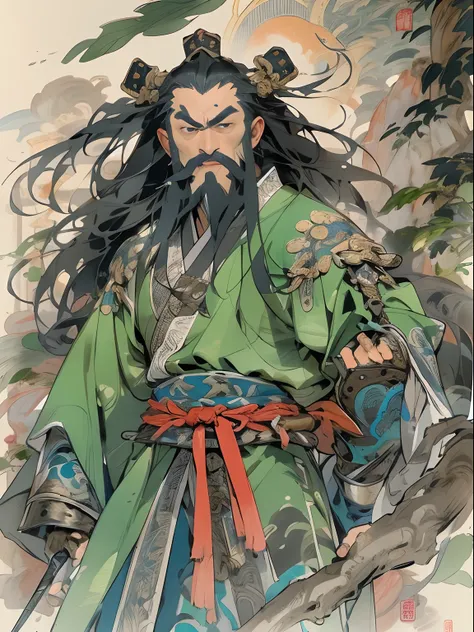 (((China-style，Ink painting method，Half-length portrait，Intense color，Han dynasty, China，Hanfu，Armor，Guan yu，Guan Yunchang，of a guy，Ruddy killing square face，Hold the Blue Dragon Moon Knife in his right hand，Stroke your beard with your left hand，Long hair，...