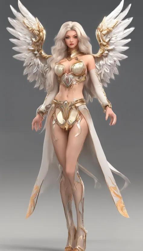 Divine six-winged angel，angelic halo，with light glowing，Extra-long white hair dragged on the ground，huge boob，Well-developed muscles，Huge wide hips，Pronounced abs，thick leg，long leges，Thick leg muscles，The tall，Exaggerated，Body proportions，Gorgeous high he...