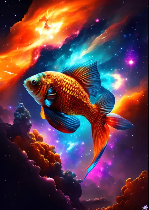 dreamlikeart, galaxy, outer space, nebula, star, [cyberpunked] Goldfish from the stars (star:1.5),