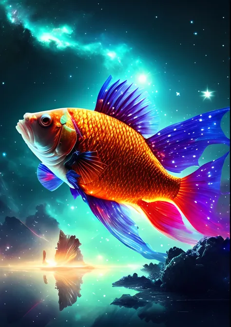 dreamlikeart, galaxy, outer space, nebula, star, [cyberpunked] Goldfish from the stars (star:1.5),