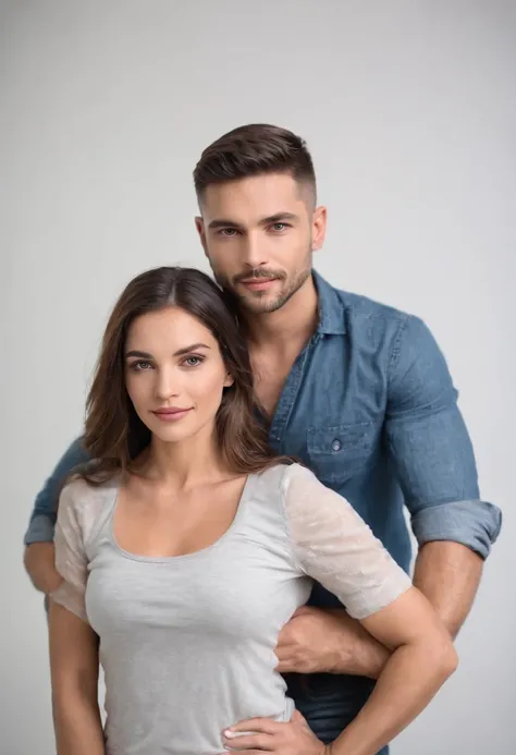 tez justa, mulher em torno de 28 anos, cabelos ruivos naturais, olhos castanhos, wearing a blouse with straps and jeans, slender and graceful, bonita, Ultra sharp focus, is embraced by a man around 35 years old, cabelos castanhos e longos naturais, homem c...