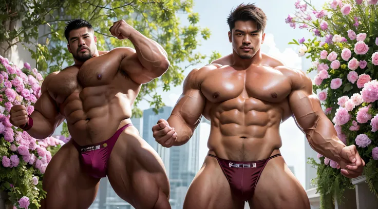 Very handsome，Chinese actor，Stand among the flowers，Surrounded by flowers，short mustache，Wearing a gold thong，Perfect figure with tattoos, Very huge and strong body, Bulging muscles, musculous, Very large pectoral muscles，Very sexy abs，The legs are muscula...