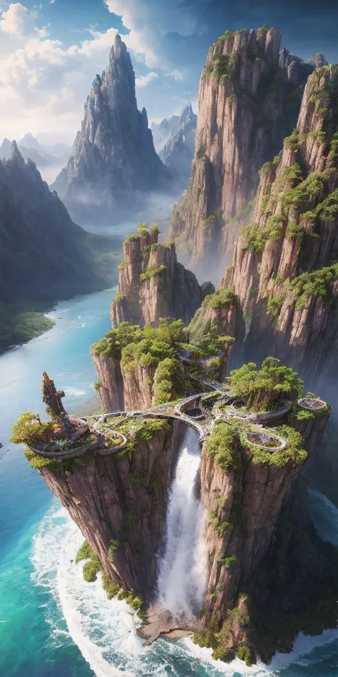 masterpiece, best quality, high quality, extremely detailed CG unity 8k wallpaper, scenery, outdoors, sky, cloud, day, no humans, mountain, landscape, water, tree, blue sky, waterfall, cliff, nature, lake, river, cloudy sky,award winning photography, Bokeh...