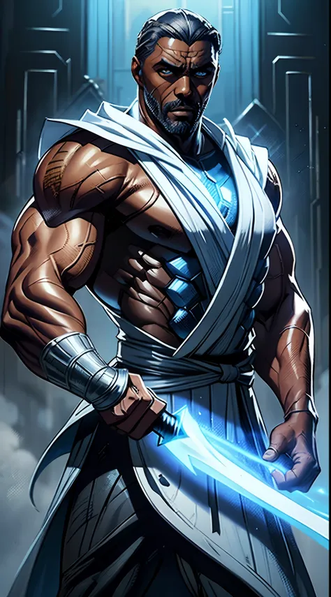 actor ((idris elba)) as raiden, mortal kombat, wears white robe, a vietnamese hat, glowing blue eyes, wields staff, god of thund...