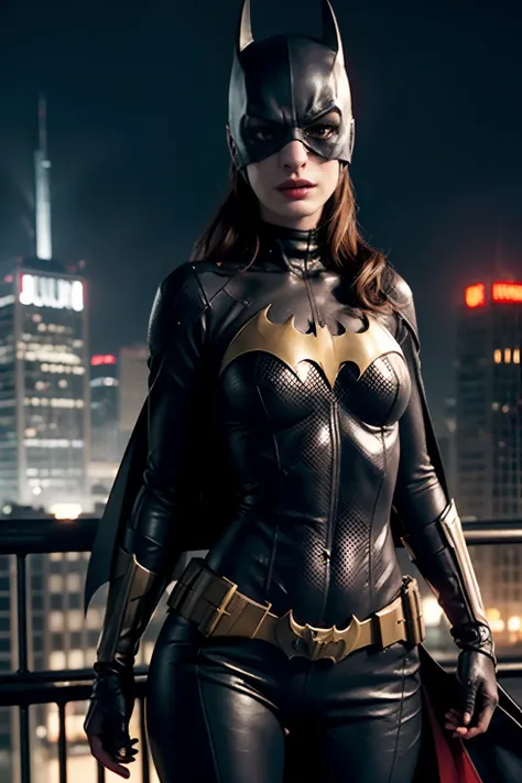 ((Anne Hathaway as Batgirl holding a Batarang)), wearing cyberpunk Batgirl armor with cape, (dynamic pose), red hair, athletic build, tight costume, very beautiful, ((sexy, small natural breast, cleavage, nippin, camel toe)),  (highly detailed skin: 1.2), ...