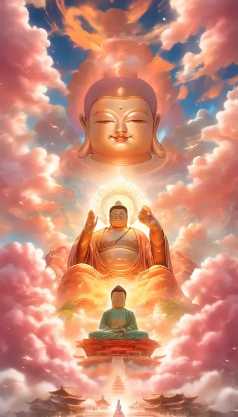 ((masutepiece))，(Best Quality))，china style，In the sky, The clouds form a huge transparent and shining white jade Maitreya Buddha image，Thick clouds，sun shining，Pilgrims on the road，Hyper-realistic，Ultra photo realsisim，Pink，8K，High Definition，high quarity...