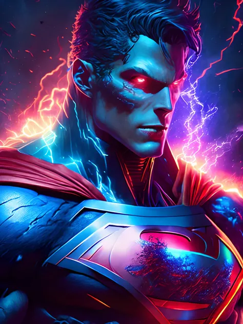 Retrato sombrio do Zombie Cyborg Superman da DC, extremamente detalhado, futuristic cityscape, noite, glowing neon lights, smoke billowing, Sparks, Metal shavings, Detritos voadores, efeitos da energia azul, volumetric light