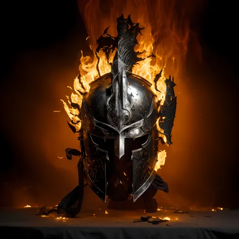 Arafeds helmet with a tongue of flame on a table in the dark, flame conjuring armored, burnt armor, Iron mask and helmet, light, Coming from the reservation, The whole face is covered with fire, Iron helmet, lord of cinder, Knights helmet, ares with heavy ...