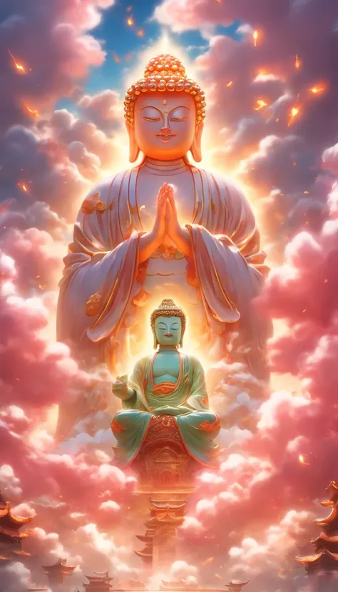 ((masutepiece))，(Best Quality))，china style，In the sky, The clouds form a huge transparent and shining white jade Maitreya Buddha image，Thick clouds，sun shining，Pilgrims on the road，Hyper-realistic，Ultra photo realsisim，Pink，8K，High Definition，high quarity...