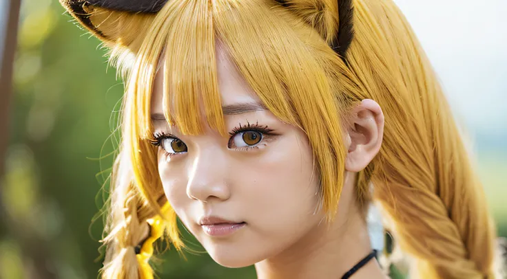 Mayumi, (fullnude_Pupils), yellow_hair, Side_braid, animal_Ears, masutepiece, Best Quality, Ultra-detailed, Solo, 1girl in