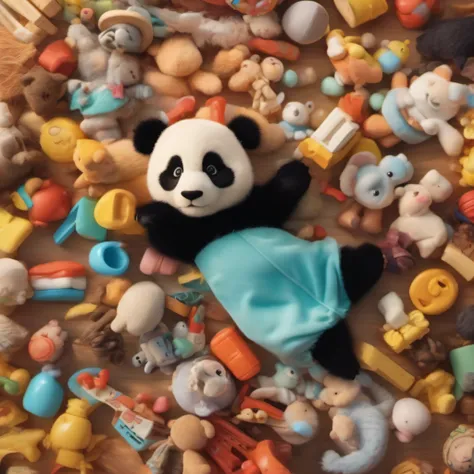 Baby panda sleeps，The body lies flat on a pile of toys，On the right side of the frame composition，Fundo sala de estar，Toys for children nearby，Disney style，wide wide shot，8K