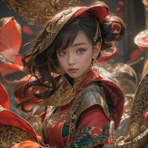 32K（tmasterpiece，k hd，hyper HD，32K）curlies，Flowing rouge，ponds，zydink， a color，  Liaoning people （Charming girl）， （Indigo scarf）， Combat posture， looking at the ground，  Flowing rouge curls，Green emerald tiara， Chinese long-sleeved rose gold garment， （Abst...