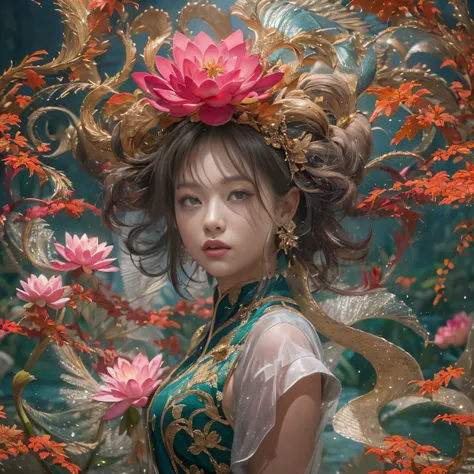 32K（tmasterpiece，k hd，hyper HD，32K）curlies，Flowing rouge，ponds，zydink， a color， Liaoning people （Charming girl）， （Indigo scarf）， Combat posture， looking at the ground， Flowing rouge curls，Green emerald tiara， Chinese long-sleeved rose gold garment， （Abstra...