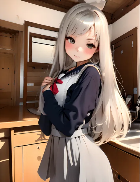 ((Extremely detailed)),, (8K), Best Quality, (Beautiful),((masutepiece)), ((Best Quality)), beautiful a girl,17 age、Light brown eyes、Silky silver hair、Slender body、Smaller chest、(hi-school girl、a sailor suit、Long skirt:1.3)、(Ultra-detailed), ((kawaii)), Cu...