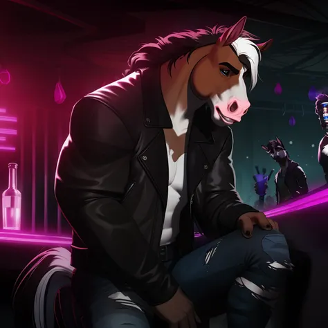 Furry male horse with fuzzy black and white fur, wearing brown worn leather jacket and torn jeans, in nightclub