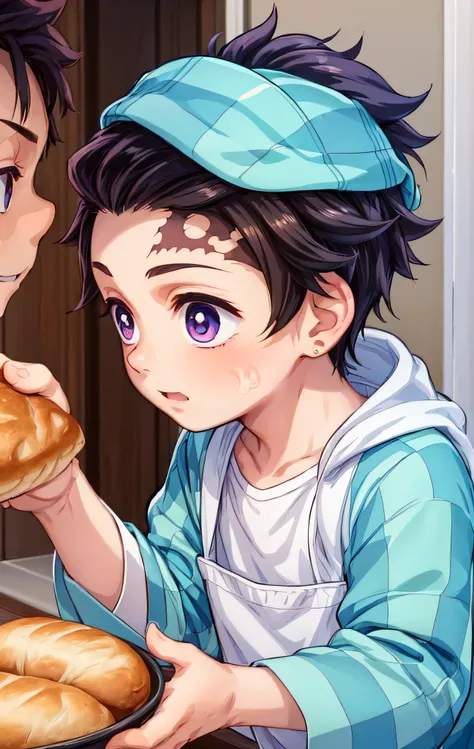 (1 boy:1.4),(Male face details:1.4),eye detailed,Cute,baker、kitchin,Baking bread、scar on forehead, ear ornament