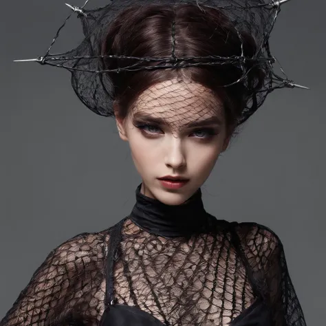 Girl in symbolic gothic net clothes, 。...com (Body barbed wire) Cabello de color moreno，Canas