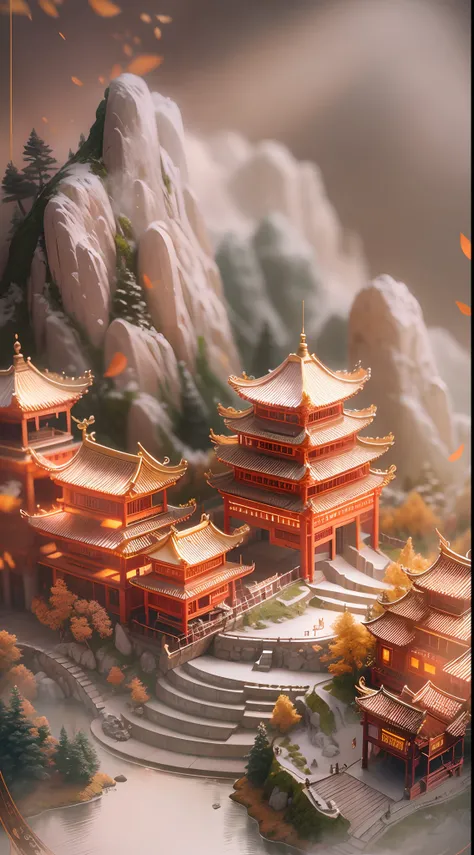 Jade，Gilded mountains，（Paper carving：1.5），Tilt-Shift，（Cloud fog：1.3），viewed from birds-eye，Soft lighting，Oriental elements，Dreamy，white colors，golden colored，Traditional Chinese color scheme，reasonable design，Clear lines，High sharpness，Best quality，Very de...