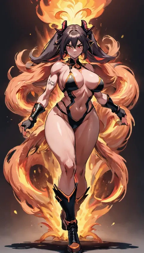 Incredibly strong muscular woman, Fire effect super long hair dragged on the ground, Exquisite and perfect facial features, Huge size, Broad muscular shoulders, huge boob, Protruding abdominal muscles, Especially the huge buttocks, Super thick muscle legs,...