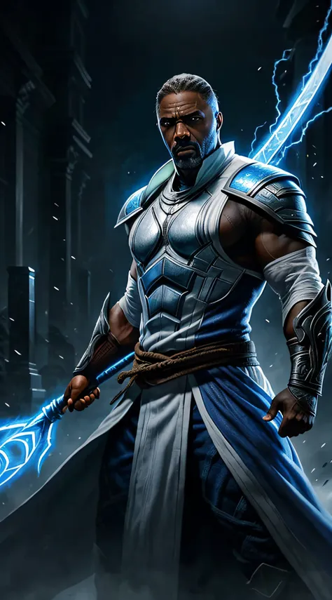 actor ((idris elba)) as raiden, mortal kombat, wears white robe, a vietnamese hat, glowing blue eyes, wields staff, god of thund...