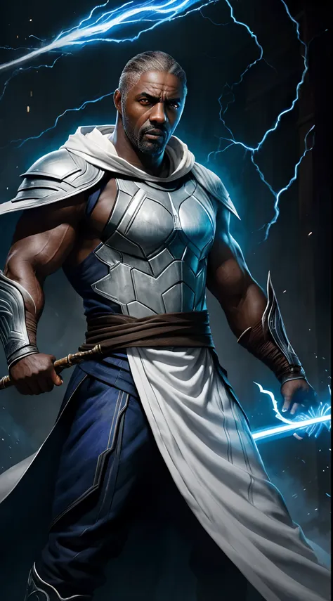 actor ((idris elba)) as raiden, mortal kombat, wears white robe, a vietnamese hat, glowing blue eyes, wields staff, god of thund...