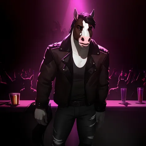 Furry male horse with fuzzy black and white fur, wearing brown worn leather jacket and torn jeans, in nightclub