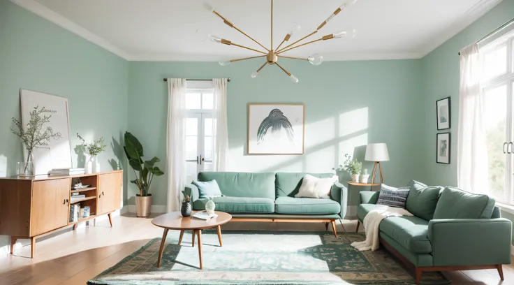 Chic Scandinavian living room，Comes with a round wooden dining table，Surrounded by mint colored chairs, Create a harmonious blend of modern and medieval design elements. Comfortable sofas and stylish cabinets complement the scene, Everything is set against...