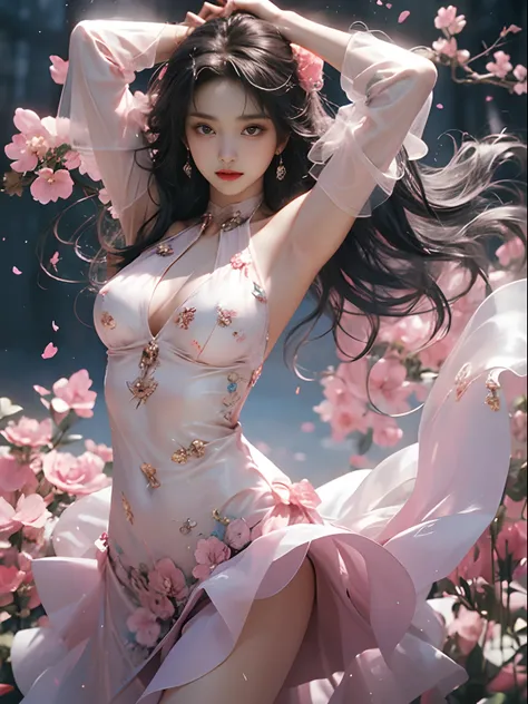 Holding a pale pink floral see-through stole with both hands、Swaying in the wind。Wearing a loose lilac see-through halter neck dress。Skirt flutters in the wind and spreads。Dynamic Posing。Dancing Poses。
Loose clothing shows shoulders。Very beautiful girl at ...