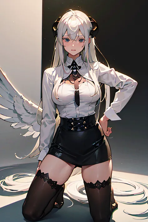 ((masterpiece, best quality)), (1girl), (solo), (female focus), (ahoge, ash blonde hair, long hair), green eyes, ((white shirt), (buttoned shirt)), ((black skirt), (short skirt)), standing, white background, arms behind back, (bat wings on the waist), (she...