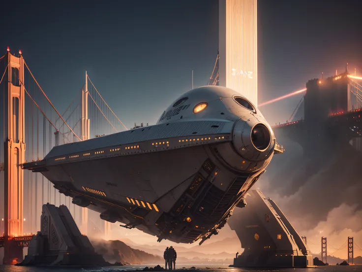 A space ship landing in San Francisco California Large UFO aliens coming out typical grays with big black eyes smal nose, ready for contact of the first type, the golden gate bridge in the background 3 d render character art 8 k, octane trending on cgsocie...