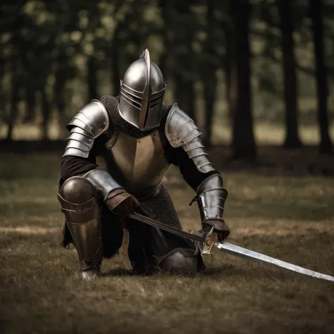 The Last Defender, in the middle of the war, Knight kneeling with the sword, 35mm F/28, hyper-detailed whole body shot of a warrior with a big sword and armor, aesthetic body, head down, face down, High-detailed, ultra-realistic, hyper-realistic, ultra-det...