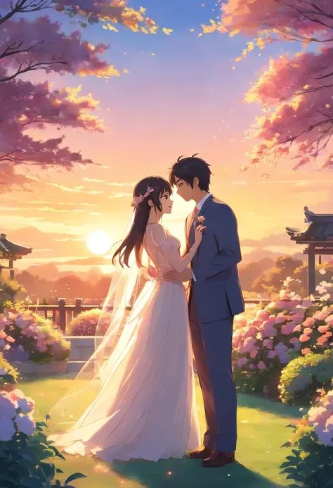 As the groom holds the bride in his arms during a mesmerizing sunset in the magnificent garden、Beautiful scenes unfold. The warm, The golden light of the sunset gives a gentle glow to couples, Increase the romance of the moment. Set against a stunning gard...