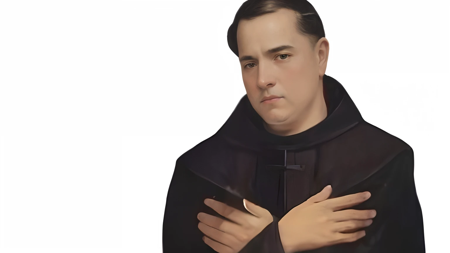 um close up de uma pessoa vestindo um casaco preto e segurando um livro, inspired by Thomas Aquinas Daly, Directed by: Thomas Aquinas Daly, santo, Francisco de Zurbaran, inspired by Alén Diviš, Catholic, Estilo Taras Shevchenko, Zurbaran, christian saint r...