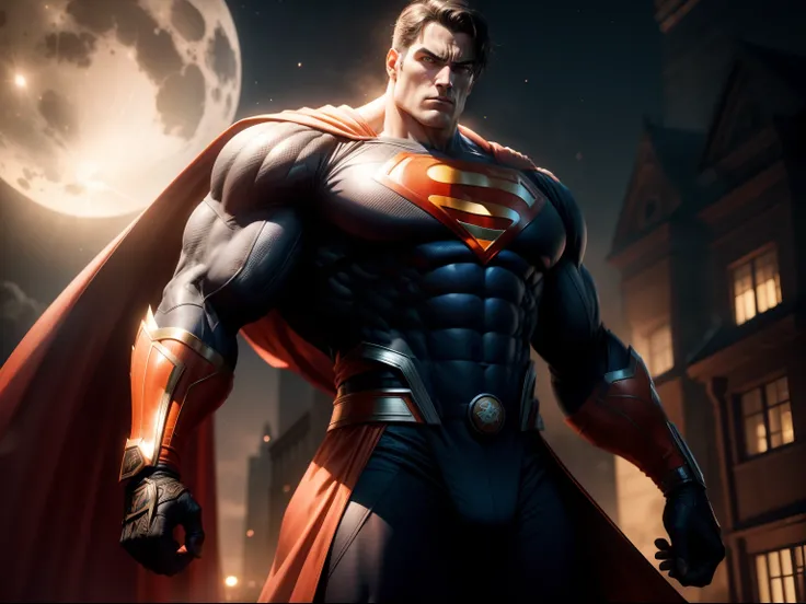 Close a powerful threat, The imposing appearance of the mighty Superman dressed in orange uniform, menacing stare, ricamente detalhado, Hiper realista, 3D-rendering, obra-prima, NVIDIA, RTX, ray-traced, Bokeh, Night sky with a huge and beautiful full moon,...