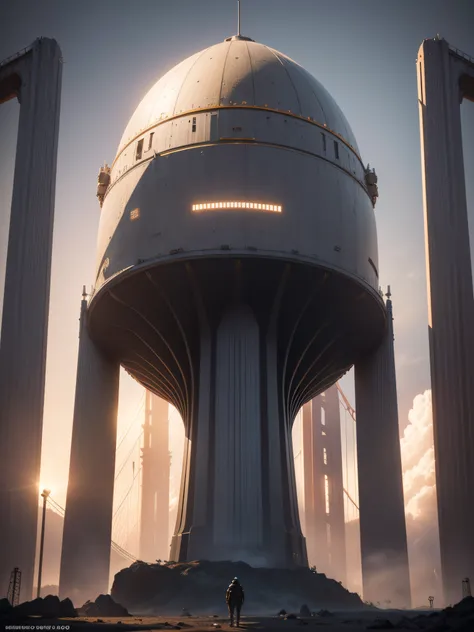 A space ship landing in San Francisco California Large UFO aliens coming out typical grays with big black eyes smal nose, ready for contact of the first type, the golden gate bridge in the background 3 d render character art 8 k, octane trending on cgsocie...