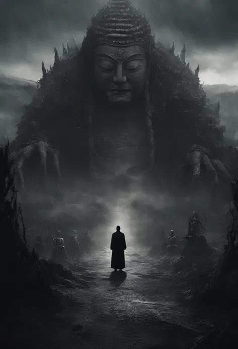 (masterpiece:1.2, best quality, official art, 8k wallpaper, highly detailed:1.1),dark style, black Buddha statue, a giant tall Buddha statue in the distance, pilgrims on the road