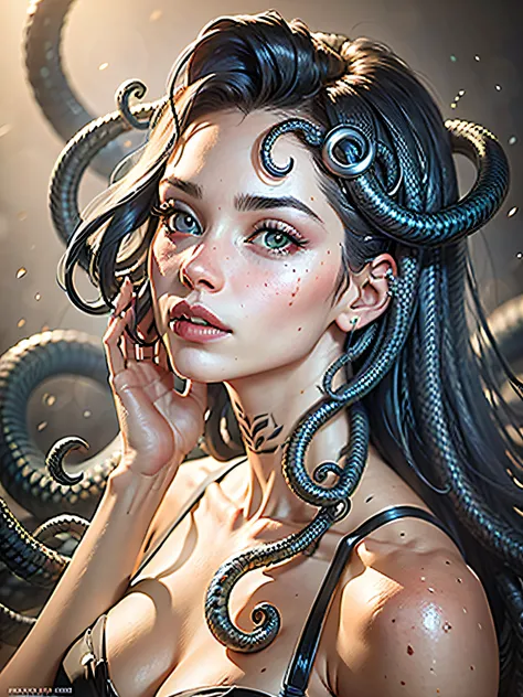 ((La mejor calidad)), ((Obra maestra)), ((realista)), Medusa, cuerpo completo, the hair is composed of countless snakes, pelo de serpiente,ojos brillantes, BREAK cabello multiColor, Rostro femenino, pecho mediano,cuerpo alto, cuerpo seductor, Tapa tallada ...