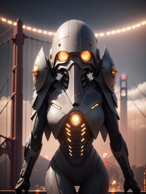 A space ship landing in San Francisco California Large UFO aliens coming out typical grays with big black eyes smal nose, ready for contact of the first type, the golden gate bridge in the background 3 d render character art 8 k, octane trending on cgsocie...