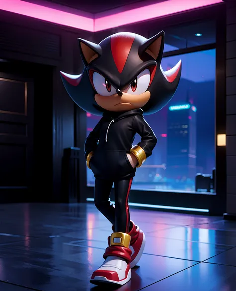 shadow the hedgehog with a hoodie, on a nightclub entrance, in the city, at night, 8k