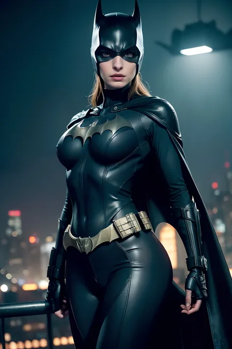 ((Anne Hathaway as Batgirl holding a Batarang)), wearing cyberpunk Batgirl armor with cape, (dynamic pose), red hair, athletic build, tight costume, very beautiful, ((sexy, small natural breast, cleavage, nippin, camel toe)),  (highly detailed skin: 1.2), ...