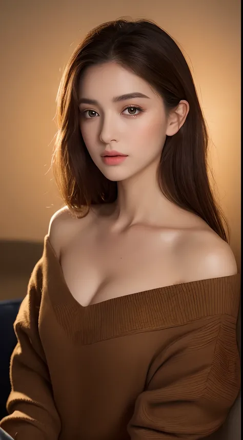 ((Night view, realistic light, best quality, 8k, masterpiece: 1.3)), 1girl, pretty woman with slim figure: 1.4, (brown hair, medium breasts: 1.3), off-the-shoulder cut top: 1.3, sofa, super detailed face, detailed eyes, double eyelids