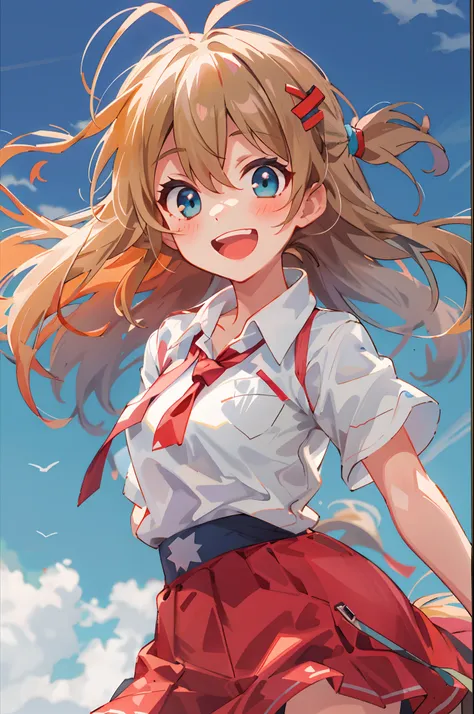 Genki girl，1girll, Solo，White shirt, Red skirt, Socks, dual horsetail，Opens mouth and laughs，exteriors，with blue sky and white clouds，sport，wholesome，Correct anatomy，perfectly proportions，Best quality at best，8K，Best quality，Cinematic texture，