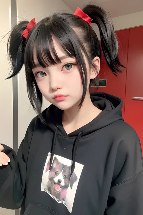 1girl, black medium hair, heterochromia, red eye, green eye, inumimi, dogs ears, gray sweatshirt, :3, little fangs